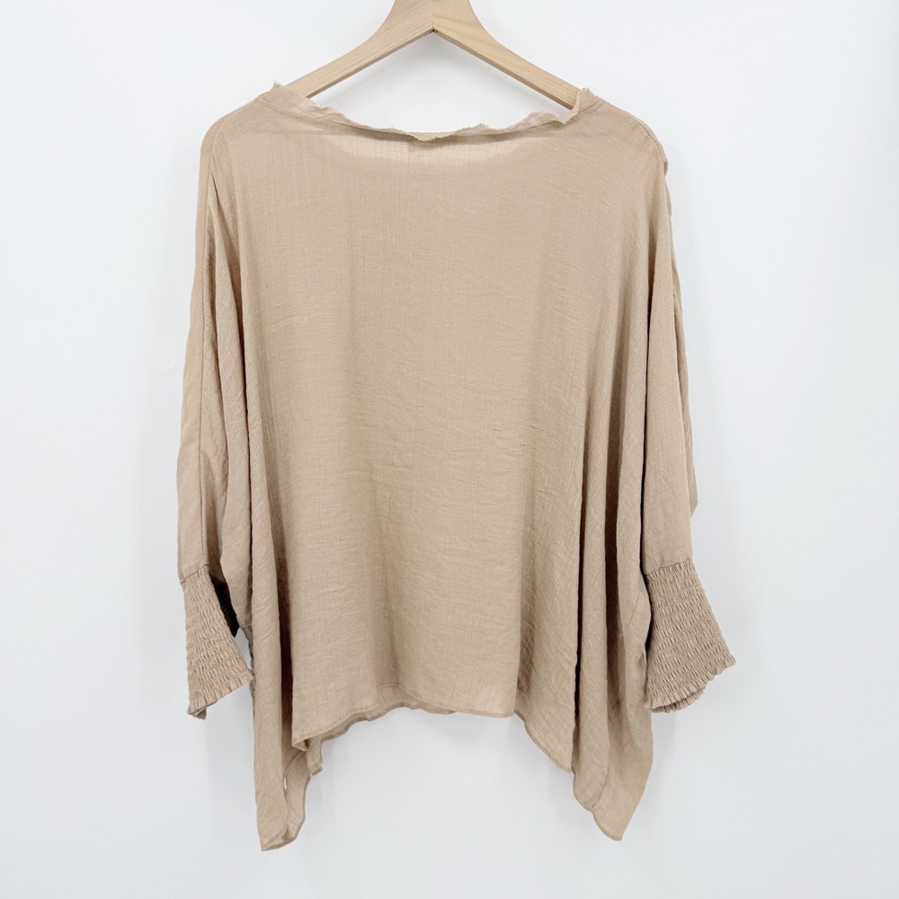 Beige Crinkle Oversized Blouse Smocked Cuff Raw Neck Boho M Lagenlook Minimalist - Picture 2 of 6